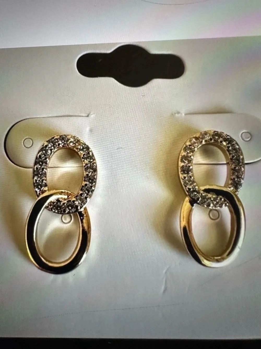 18K Gold Plated CZ Double Circle Stud Earrings | Linked Drop Style NWT